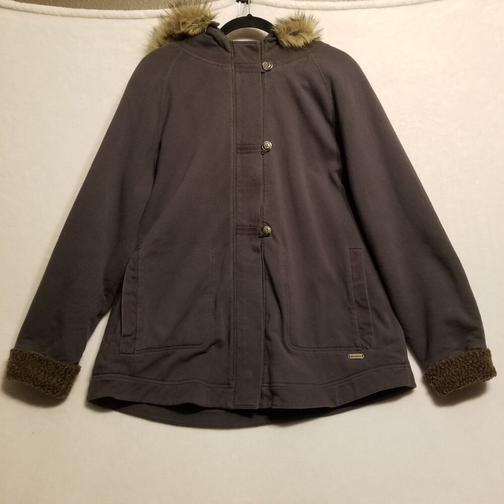 Eddie Bauer XL Coat Parka Jacket Faux Fur Trim Hood Sherpa Lined Mid Length